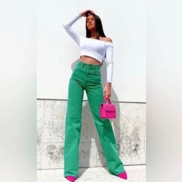 Zara Green Button-Fly Wide Leg Jeans - Size 2 - Picture 14 of 15